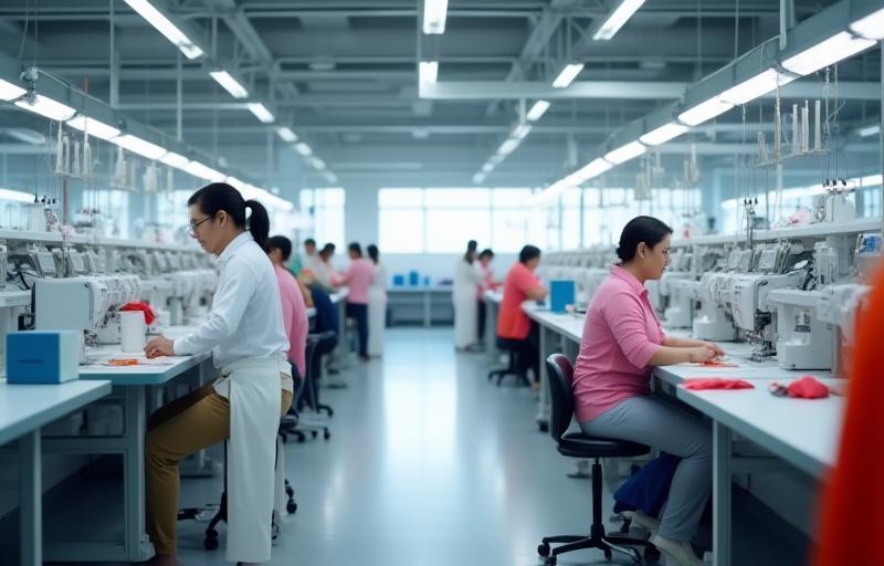 Interior view of a modern textile manufacturing facility with machinery and workers
