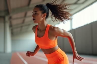 Model wearing high-performance activewear in a dynamic pose